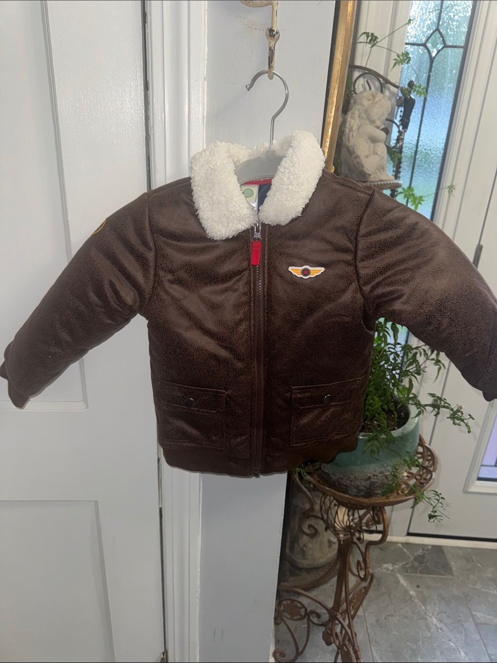 Little Me Brown bomber zip jacket with navy lining 4T